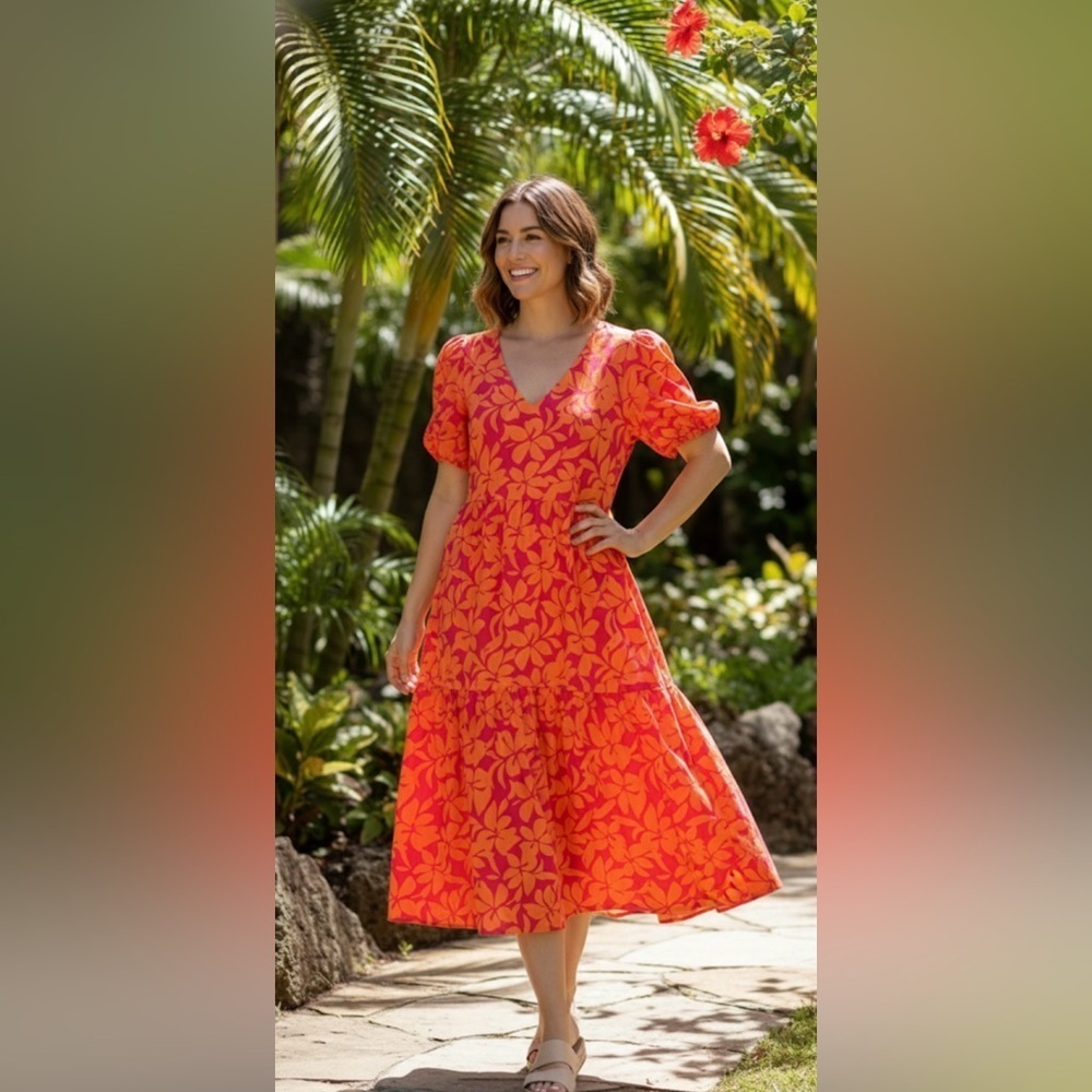 J. Crew Red and Orange V-Neck Sundress